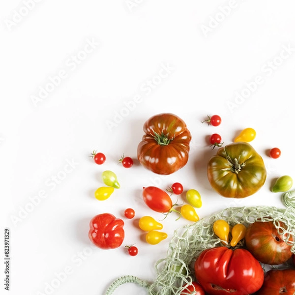 Fototapeta Red, green, yellow and striped tomatoes in string bag on gray table with space for text. Healthy food, fresh healthy vegetables from the garden