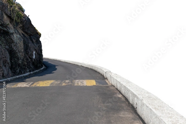 Fototapeta Curved on a small asphalt road with spring break, and rocky wall next to it, isolated in a transparent background.