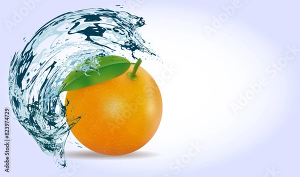 Fototapeta Orange with a leaf under splashes of water on a light background with copy space.