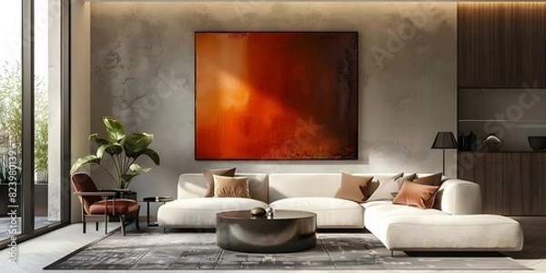 Fototapeta Contemporary living room with minimalist art décor and cozy hues. Concept Minimalist Decor, Contemporary Living Room, Cozy Hues, Artistic Accents, Modern Elegance