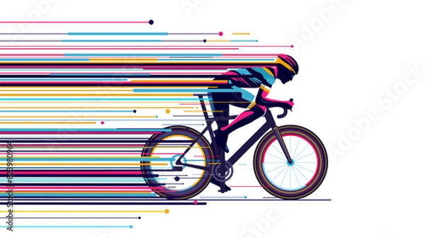 Fototapeta Cycling race competition poster design vector illustration. Cyclist acceleration with colorful motion trails.