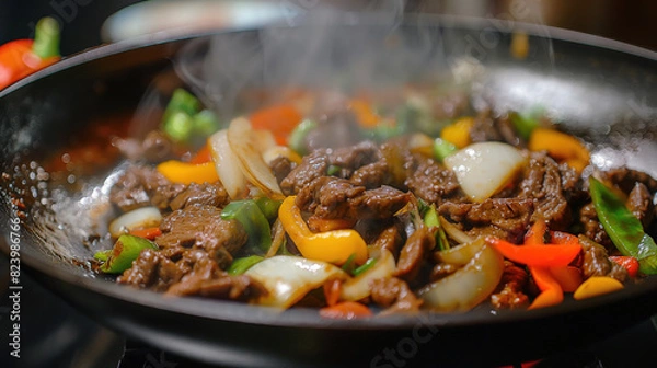 Obraz Stirfried beef and vegetables in the pan, closeup of food cooking on top with hot oil sizzling around it, vibrant colors from colorful peppers