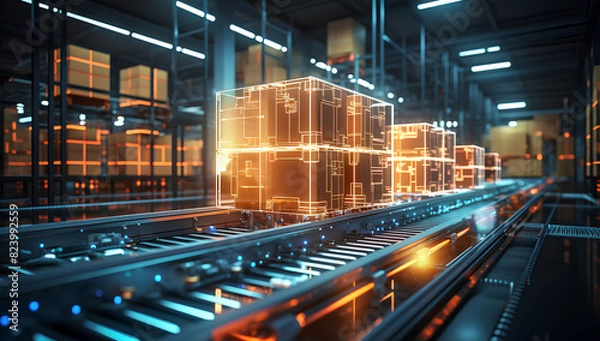 Fototapeta Smart warehouse management system using augmented reality technology to identify package picking and delivery . Future concept of supply chain and logistic busines