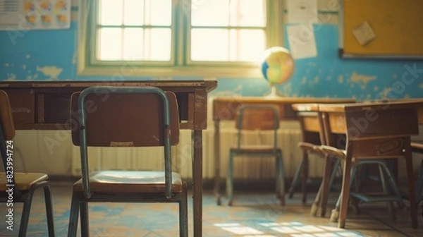 Fototapeta Learning environment concept with student school desk in classic classroom setting for education