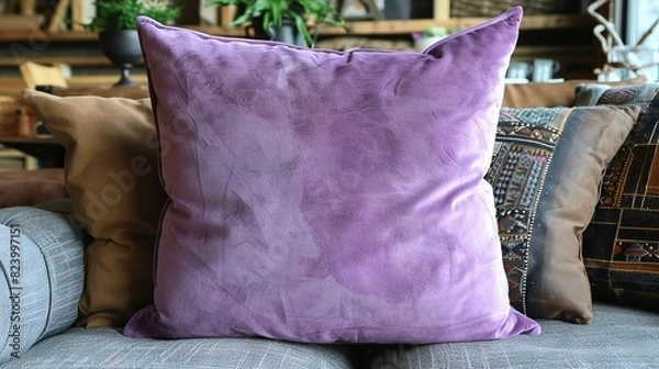 Obraz   A couch with a purple pillow on top sits beside a wooden shelf and potted plant above it