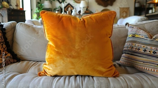 Obraz   A yellow cushion rests atop a white sofa beside a white pillow