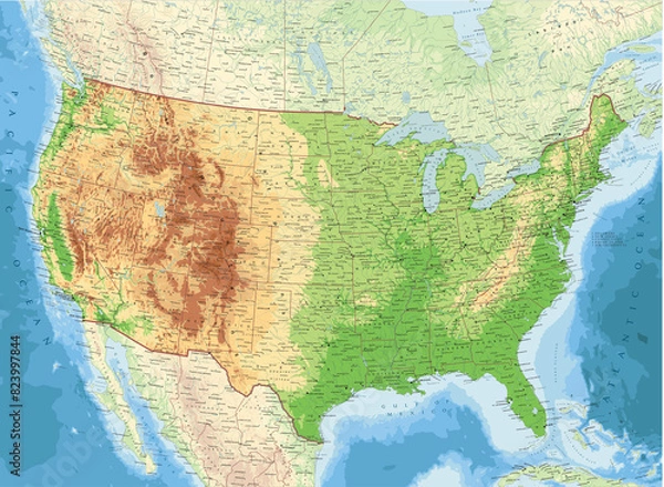 Fototapeta United Sates of America terrain map. Super high quality. Detailed with thousands of place name labels.