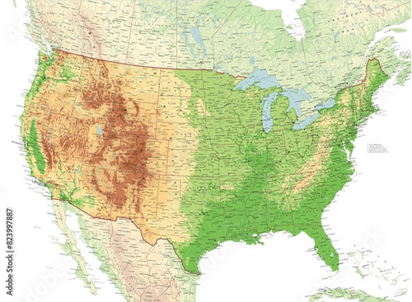 Fototapeta United Sates of America terrain map. Super high quality. Detailed with thousands of place name labels.