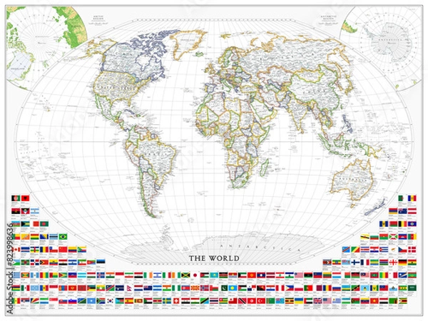 Obraz The World political map with flags. Super high quality. Detailed with thousands of place name labels.