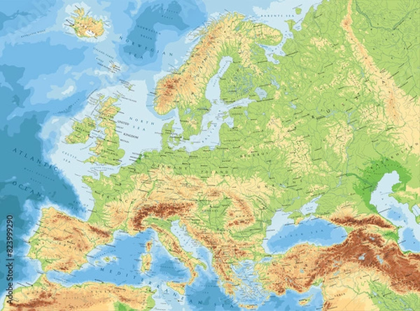 Fototapeta Europe terrain map. Super high quality. Detailed with thousands of place name labels.