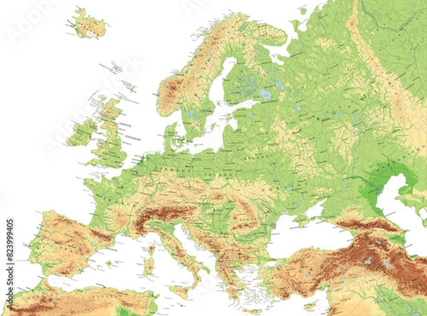 Fototapeta Europe terrain map. Super high quality. Detailed with thousands of place name labels.
