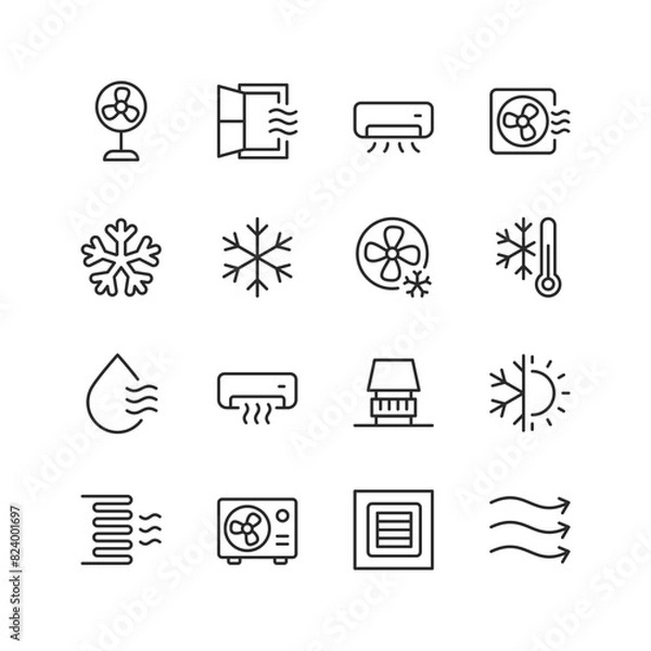 Fototapeta Air Conditioning, linear style icon set. Heating, ventilation and cooling systems for indoor climate control. Fans, vents and temperature regulation equipment. Editable stroke width