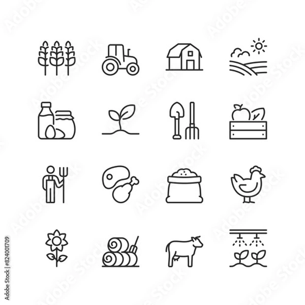 Fototapeta Agriculture and Farming, linear style icon set. Farm, crops, livestock, machinery and rural scenery. Planting to harvesting yields. Farmer, produce and the cultivation lifestyle. Editable stroke width