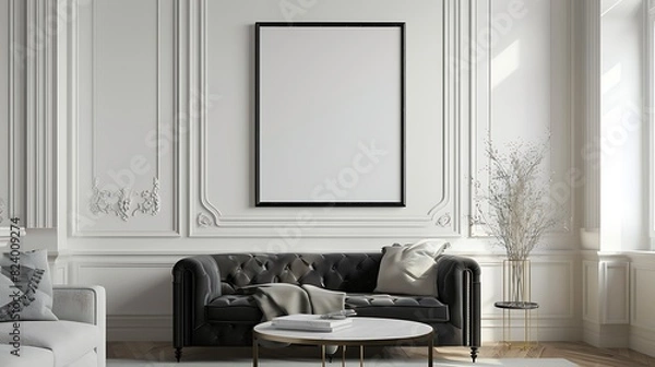 Fototapeta A mockup of a blank square photo frame hanging in the middle of wall with French country, provincial, charming decoration in Room Captured in the style of architectural photography.,