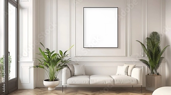 Fototapeta A mockup of a blank square photo frame hanging in the middle of wall with Modern, minimalism, ecofriendly decoration in Room Captured in the style of architectural photography.,