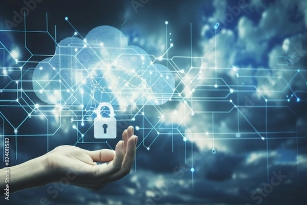 Fototapeta Network of secure cloud icons connected by data lines, representing robust cloud protection and advanced digital technology