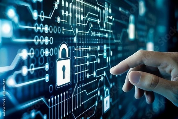Obraz Hand interacting with a digital interface showcasing secure cloud network and data protection, emphasizing advanced cybersecurity technology
