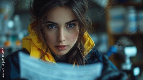 Fototapeta crime scene investigation, a young middle-eastern female detective analyzing evidence at a crime scene with forensic equipment in the background, showcasing a minimalist design with room for text