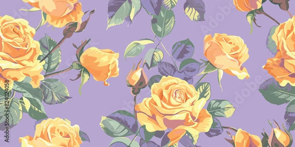 Fototapeta Seamless floral pattern with yellow roses flowers violet background. Abstract trendy spring, summer print dress pattern. Beautiful multicolored floral motif. Hand drawn wildflowers flat illustration