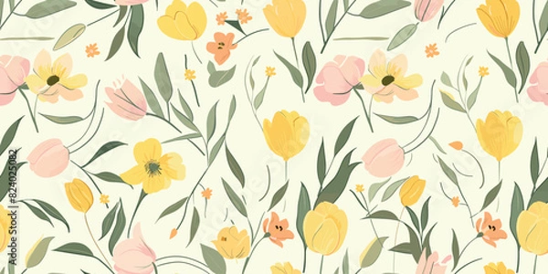 Fototapeta Seamless pattern with yellow tulips, their petals forming playful shapes in shades of pink and green leaves. Abstract trendy spring, summer dress print. Beautiful multicolored motif. Hand drawn