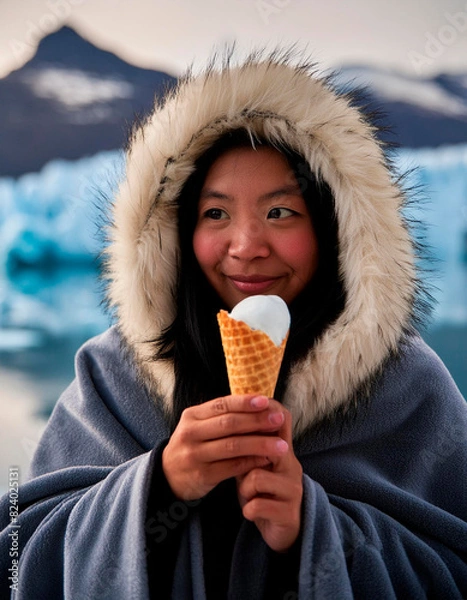 Fototapeta A warmly dressed Eskimo woman savors an ice cream cone against the backdrop of a glacier's chilly expanse.