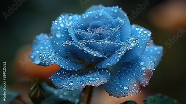Obraz   A close-up of a blue rose with droplets of water on it, and a lush green plant in the foreground
