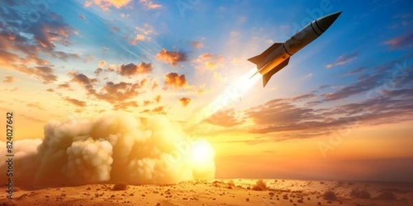 Fototapeta Rocket Launch at Sunset: A Moment of Innovation and Power, capturing the dramatic ascent of a spacecraft against a vibrant sky, Generative AI