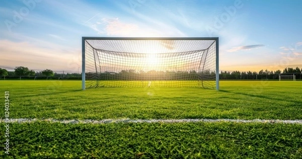 Fototapeta Pristine Soccer Field with Goal at Sunrise. 
A pristine soccer field with a goal, captured at sunrise, featuring lush green grass and a clear blue sky.