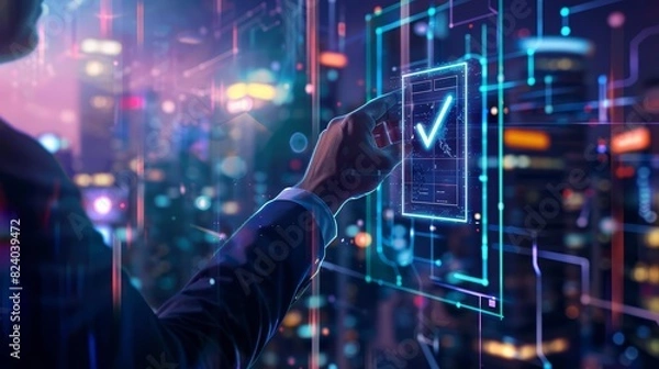 Fototapeta A closeup of an executive gesturing towards a digital checklist icon on a virtual screen