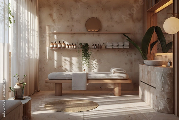 Fototapeta A serene spa salon with elegant decor offering relaxing treatments and rejuvenation in a peaceful setting