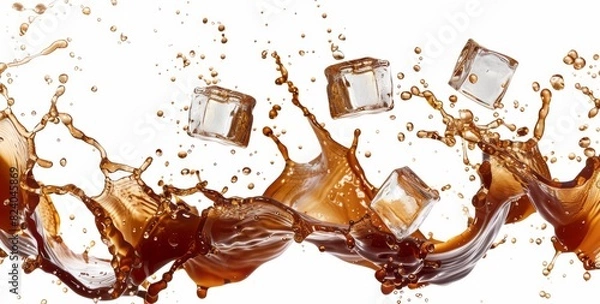 Fototapeta Falling ice cubes into coffee, splash of brown liquid and cream isolated on white background with clipping path