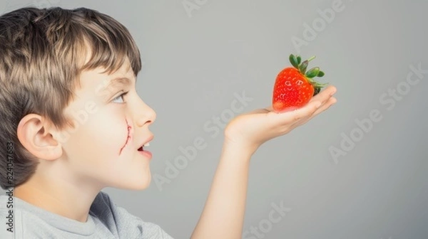 Fototapeta Side view of a young boy with short hair looking in awe at a ripe strawberry on his open palm against a grey background.