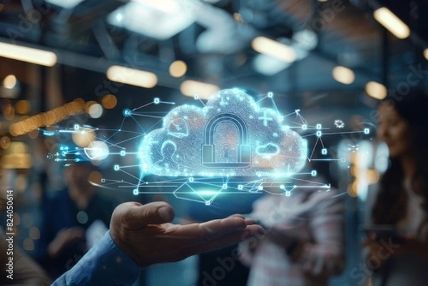 Fototapeta Hand holding a holographic digital cloud with a lock, symbolizing advanced cloud security and data protection in a bright, modern setting.