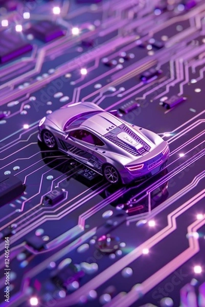 Fototapeta hologram of 3d model of electric car on circuit board, futuristic transportation concept, electronics in auto industry, holographic modern design