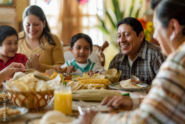Fototapeta A Mexican family sharing laughter and stories around a table laden with tamales and tacos, embracing the joy of togetherness. Concept of cultural cuisine and familial warmth. Generative Ai.