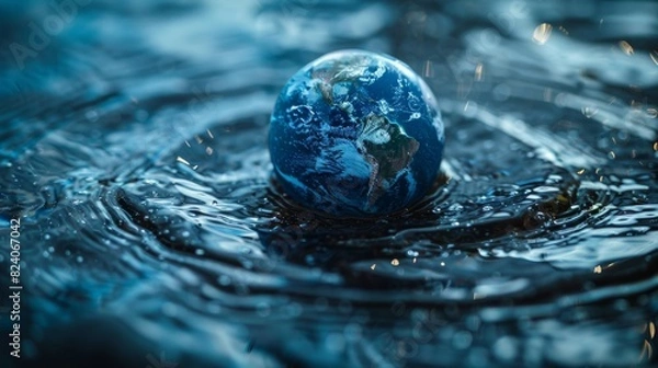 Fototapeta World Water day concept with world in clean water drop on and fresh blue water ripples design, Environment save and ecology theme concept 