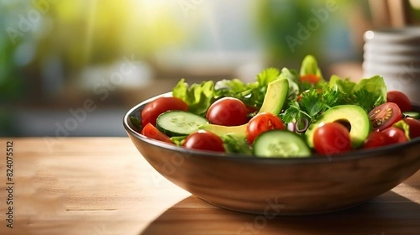 Fototapeta A bowl of salad with tomatoes, cucumbers, and avocado