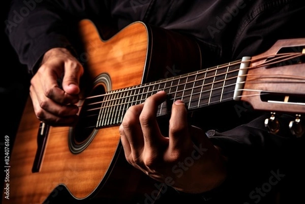 Fototapeta A man is playing a guitar with his left hand
