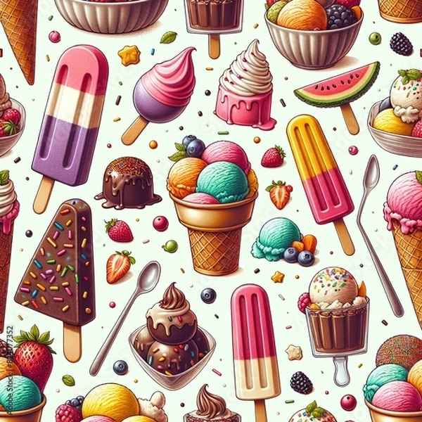 Fototapeta pattern of colorful ice cream varieties including cones, popsicles, and scoops with sprinkles and toppings, set against a light background. Perfect for vibrant and playful culinary-themed designs
