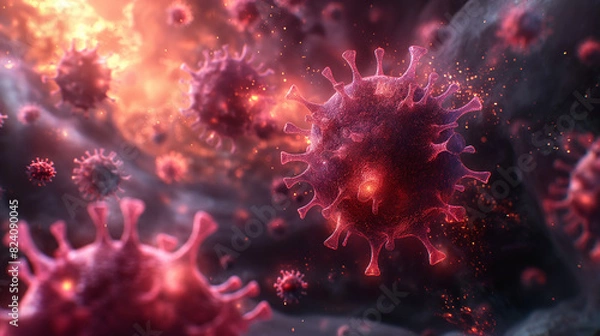 Fototapeta Virus background showing COVID-19 Corona virus cells and red blood cells