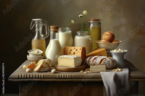 Obraz dairy still life: cheeses, milk, sauce, wine, bread, honey and flowers