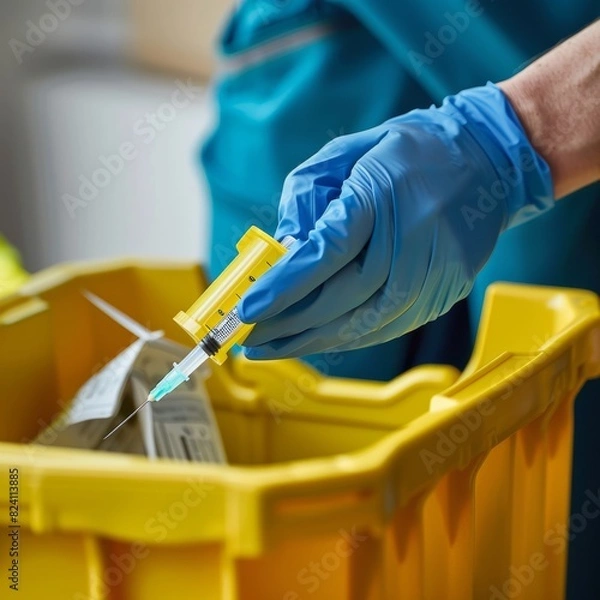 Obraz Close-up of a healthcare worker disposing of used vaccine syringes in a sharps container, highlighting the importance of proper medical waste management in vaccination programs. Job ID: b30f2c4a-64fa