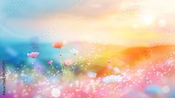 Fototapeta A summer nature background with a colorful sunset over rolling green hills