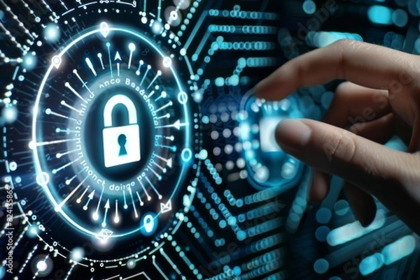 Obraz Hand interacting with a secure cloud lock interface, emphasizing data protection and advanced network security.