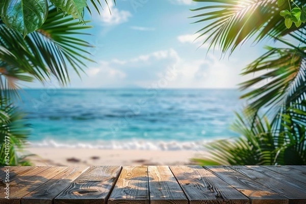 Fototapeta Empty wood table over blue sea, beach and palm leaves background in summer day.