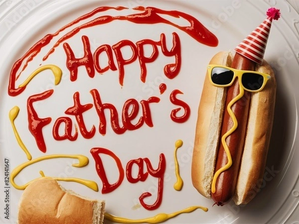 Fototapeta Happy Father's Day Message with Fun Hot Dog Design and Condiments
