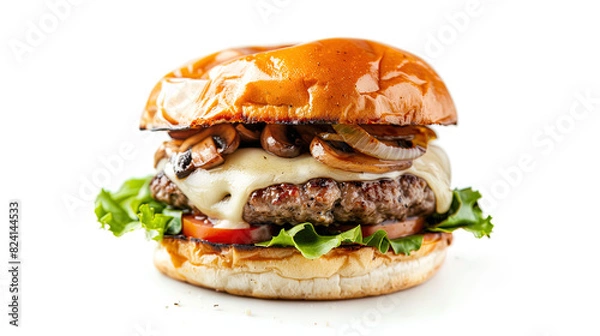 Fototapeta Cheeseburger with Melted Cheese - Burger, Mushrooms and Bacon
