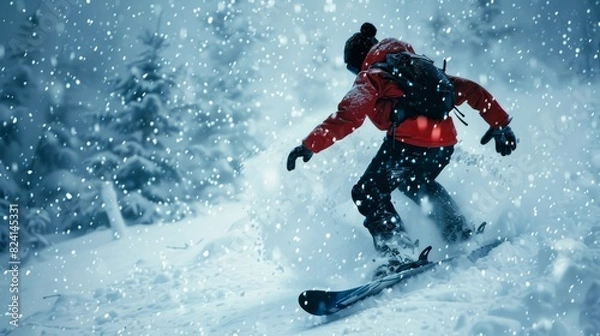 Fototapeta person standing on a snowboard in the snow. generative ai