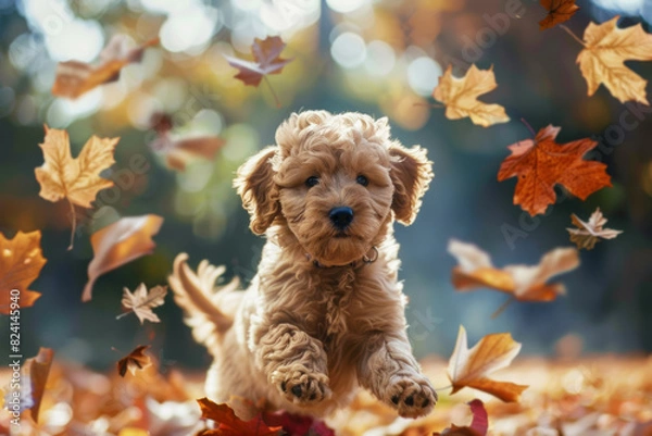 Obraz Cute dog puppy running and playing with autumn maple leaves. Colourful autumn view. Bokeh background.