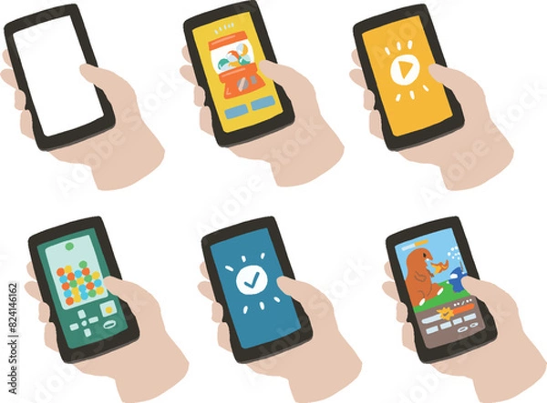 Obraz いろいろなアプリゲームとスマホを持つ手のポップなイラストセット
